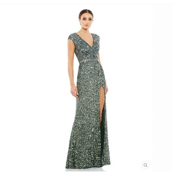Mac Duggal 5489  Womens Green Cap SLEEVE SEQUINED HIGH SLIT GOWN - Picture 2 of 15